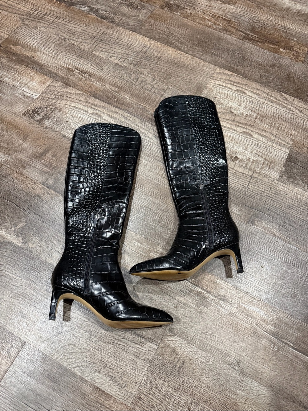 Marc fisher Black Croc-Embossed Pointed Toe Knee Boots - Women